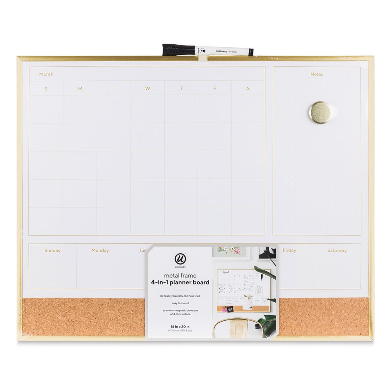 U Brands Gold Frame Dry Erase 2-in-1 Planner Board - 16" x 20"
